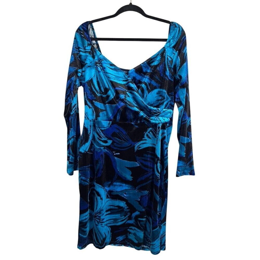 Venus Dress XL Blue Floral Mini Velour Faux Wrap 80s Bodycon Artsy Retro Vegas